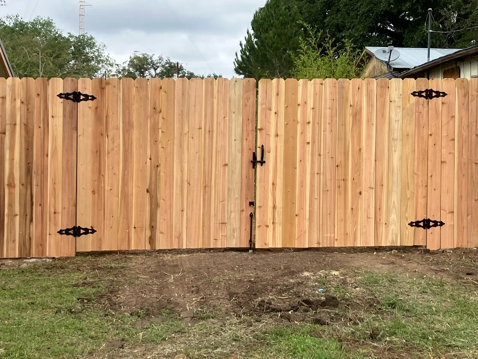 Fresh-cut cedar double-gate privacy fence with custom black hardware